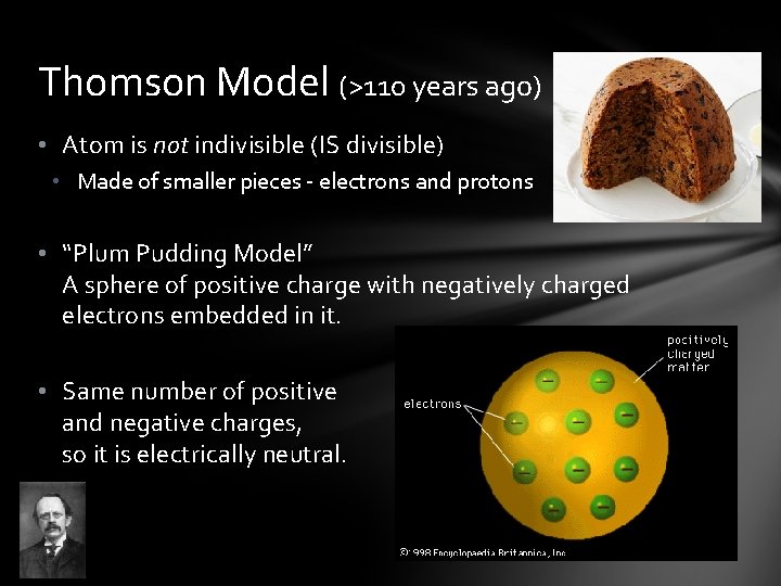 Thomson Model (>110 years ago) • Atom is not indivisible (IS divisible) • Made