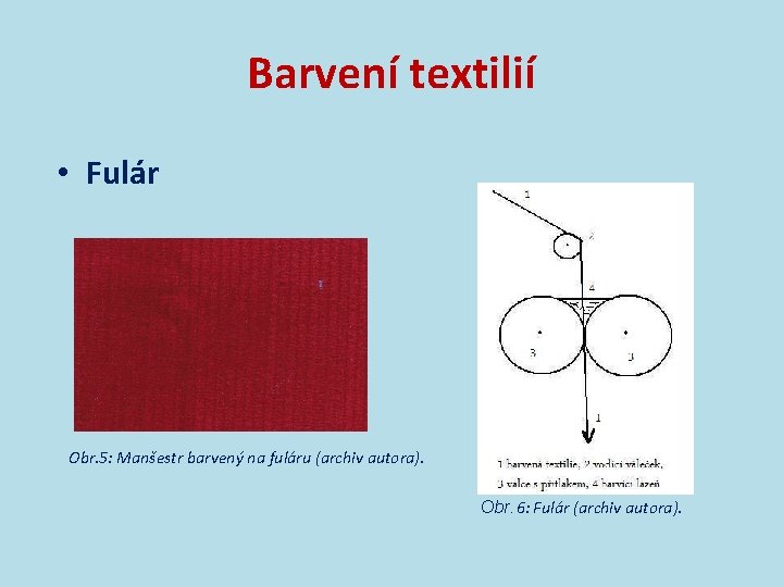 Barvení textilií • Fulár Obr. 5: Manšestr barvený na fuláru (archiv autora). Obr. 6:
