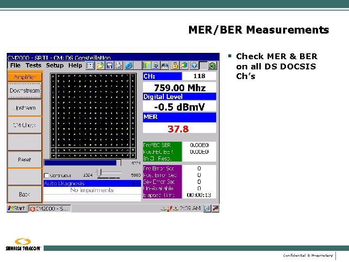 MER/BER Measurements § Check MER & BER on all DS DOCSIS Ch’s Confidential &