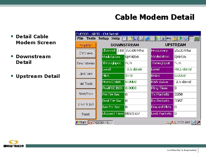 Cable Modem Detail § Detail Cable Modem Screen § Downstream Detail § Upstream Detail