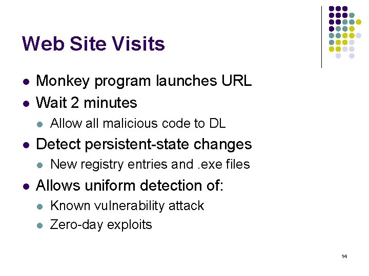 Web Site Visits l l Monkey program launches URL Wait 2 minutes l l