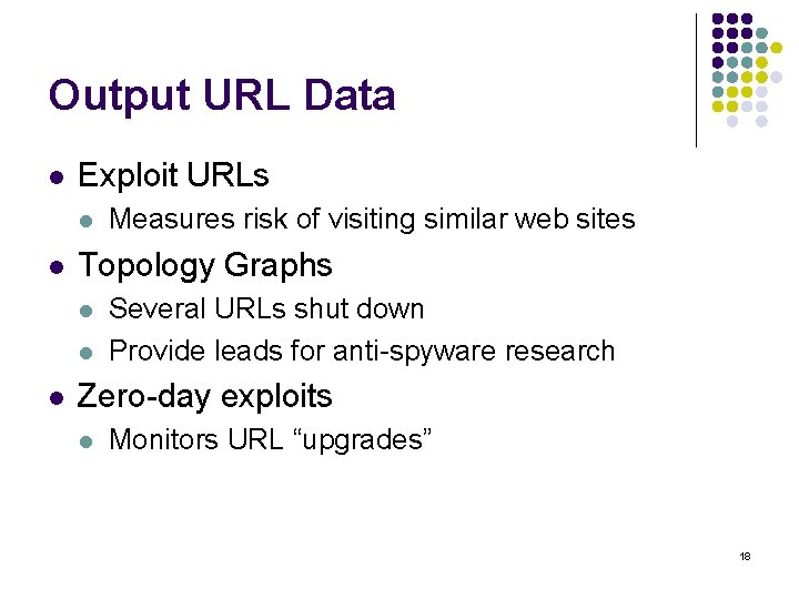 Output URL Data l Exploit URLs l l Topology Graphs l l l Measures