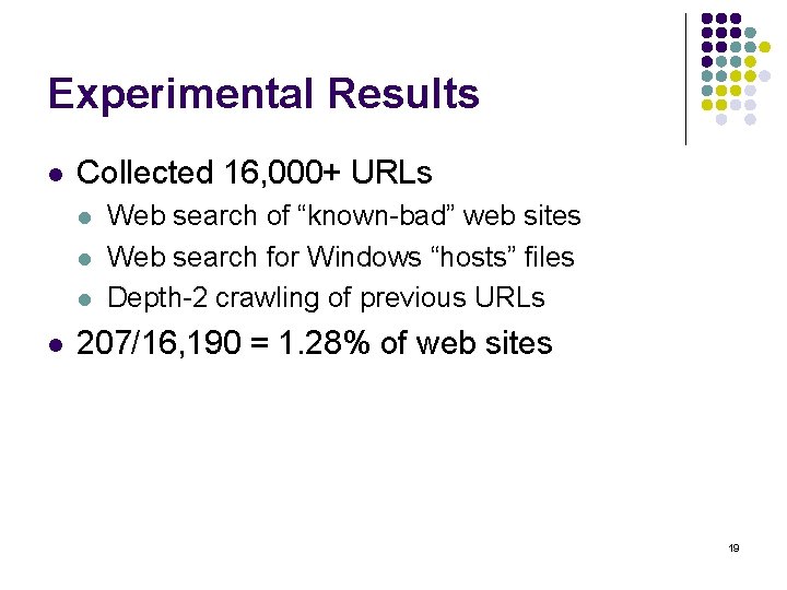 Experimental Results l Collected 16, 000+ URLs l l Web search of “known-bad” web