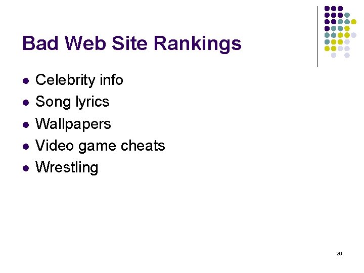 Bad Web Site Rankings l l l Celebrity info Song lyrics Wallpapers Video game