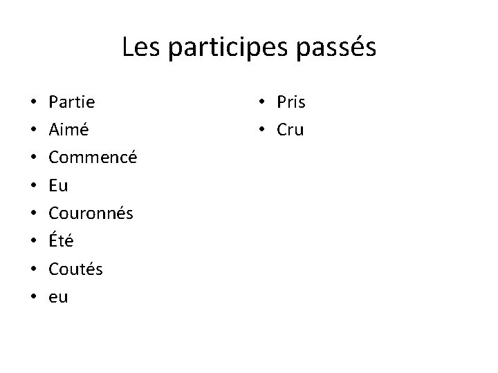 Les participes passés • • Partie Aimé Commencé Eu Couronnés Été Coutés eu •