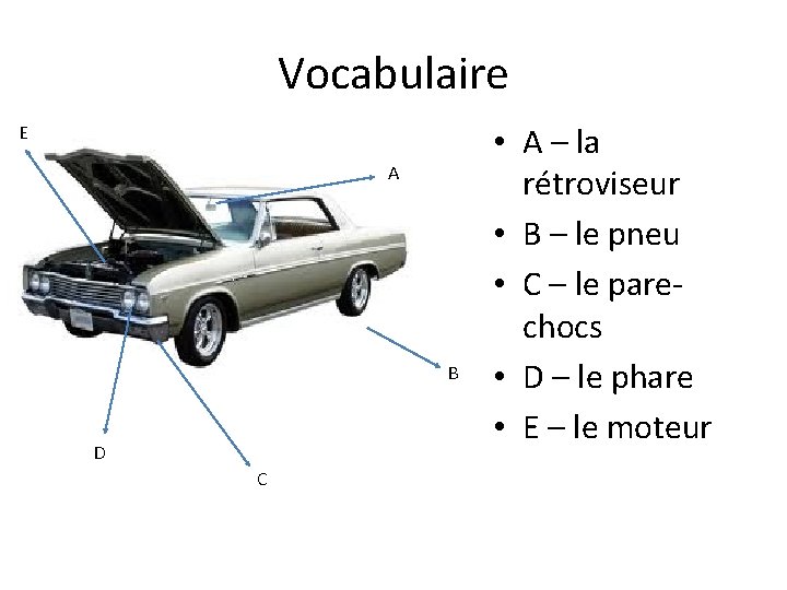 Vocabulaire E A B D C • A – la rétroviseur • B –