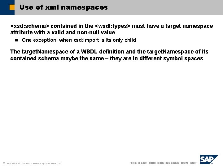 Use of xml namespaces <xsd: schema> contained in the <wsdl: types> must have a