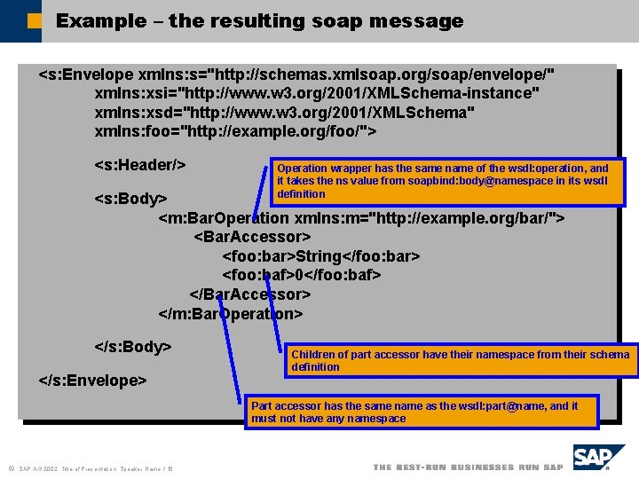 Example – the resulting soap message <s: Envelope xmlns: s="http: //schemas. xmlsoap. org/soap/envelope/" xmlns: