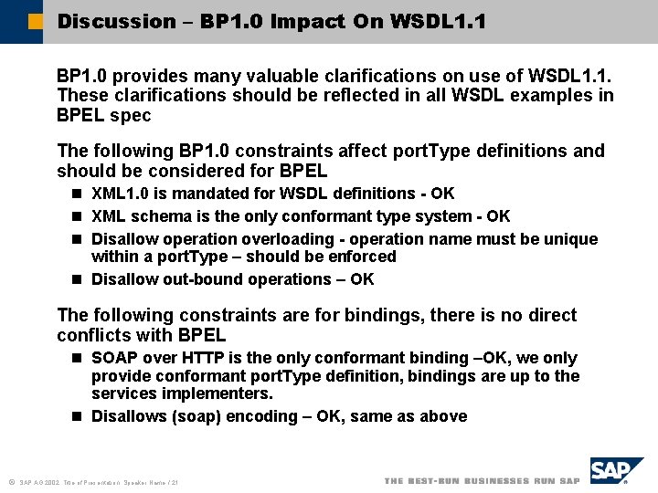 Discussion – BP 1. 0 Impact On WSDL 1. 1 BP 1. 0 provides