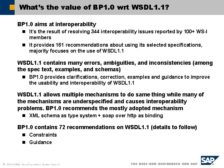 What’s the value of BP 1. 0 wrt WSDL 1. 1? BP 1. 0