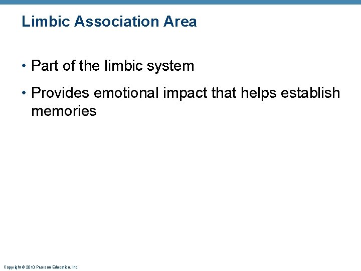 Limbic Association Area • Part of the limbic system • Provides emotional impact that