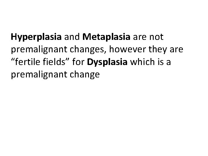 Hyperplasia and Metaplasia are not premalignant changes, however they are “fertile fields” for Dysplasia