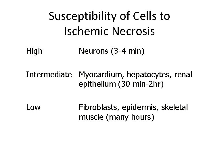 Susceptibility of Cells to Ischemic Necrosis High Neurons (3 -4 min) Intermediate Myocardium, hepatocytes,