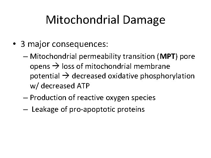 Mitochondrial Damage • 3 major consequences: – Mitochondrial permeability transition (MPT) pore opens loss