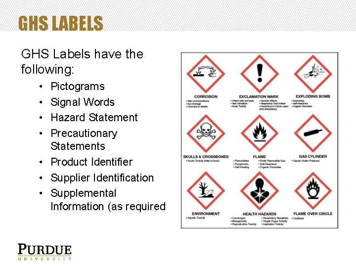 GHS LABELS GHS Labels have the following: • • Pictograms Signal Words Hazard Statement