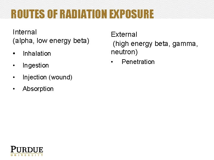 ROUTES OF RADIATION EXPOSURE Internal (alpha, low energy beta) • Inhalation • Ingestion •