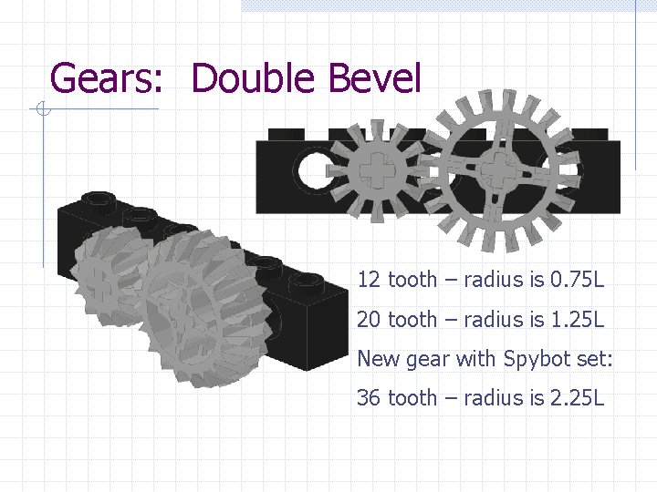 Gears: Double Bevel 12 tooth – radius is 0. 75 L 20 tooth –