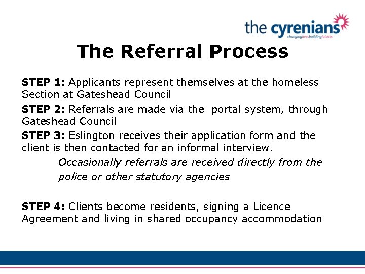 The Referral Process STEP 1: Applicants represent themselves at the homeless Section at Gateshead