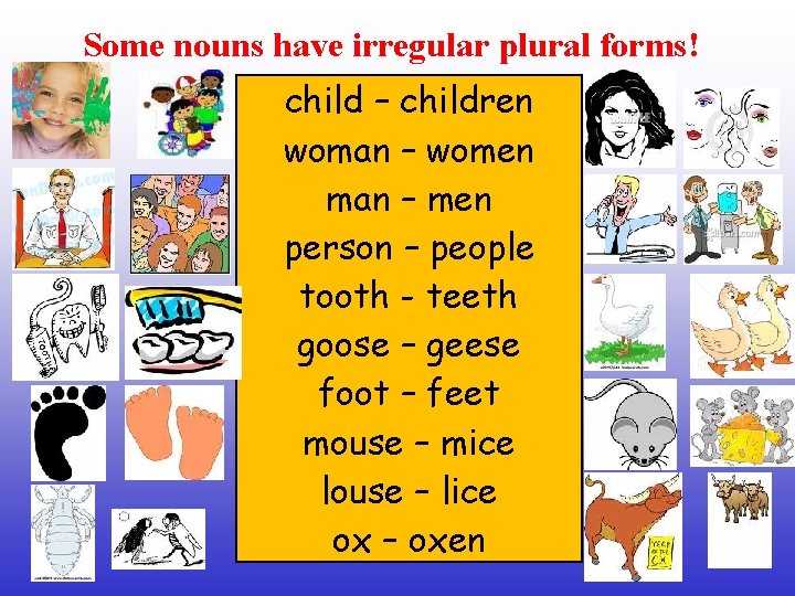 Some nouns have irregular plural forms! child – children woman – women man –