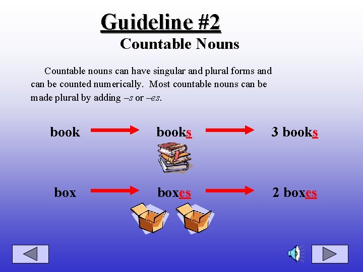 Guideline #2 Countable Nouns Countable nouns can have singular and plural forms and can