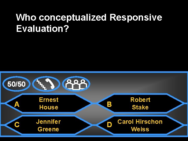 Who conceptualized Responsive Evaluation? 50/50 A Ernest House C Jennifer Greene B Robert Stake