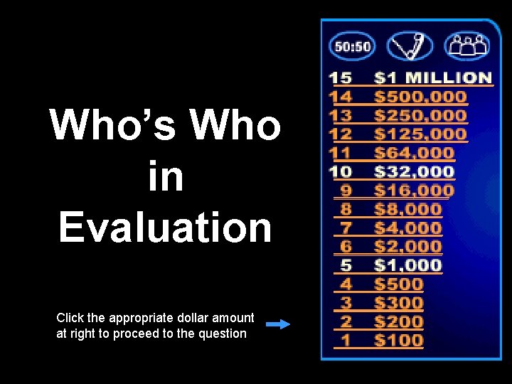 Who’s Who in Evaluation Click the appropriate dollar amount at right to proceed to