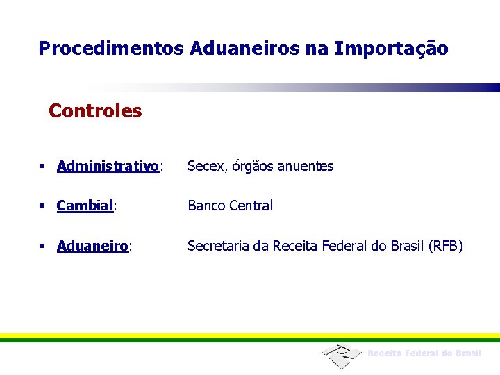 Procedimentos Aduaneiros na Importação Controles § Administrativo: Secex, órgãos anuentes § Cambial: Banco Central