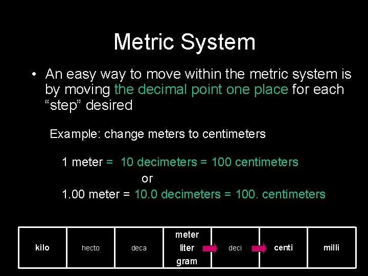 Metric System • An easy way to move within the metric system is by