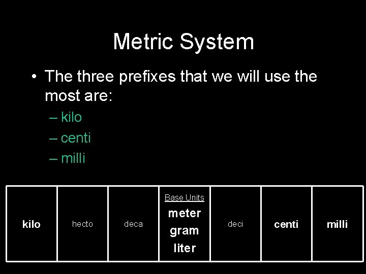 Metric System • The three prefixes that we will use the most are: – Metric System • The three prefixes that we will use the most are: –
