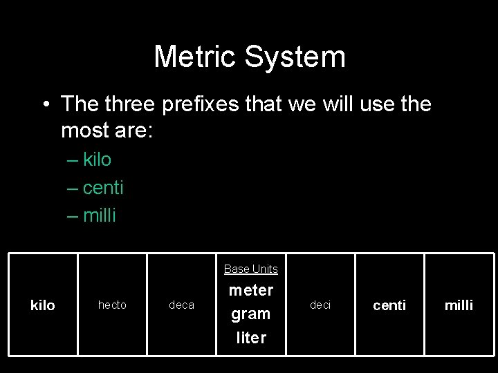 Metric System • The three prefixes that we will use the most are: –