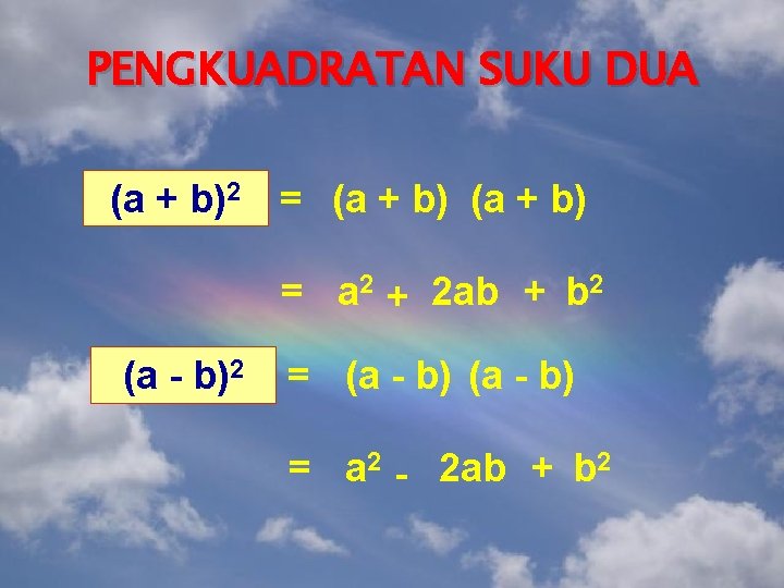 PENGKUADRATAN SUKU DUA (a + b)2 = (a + b) = a 2 +