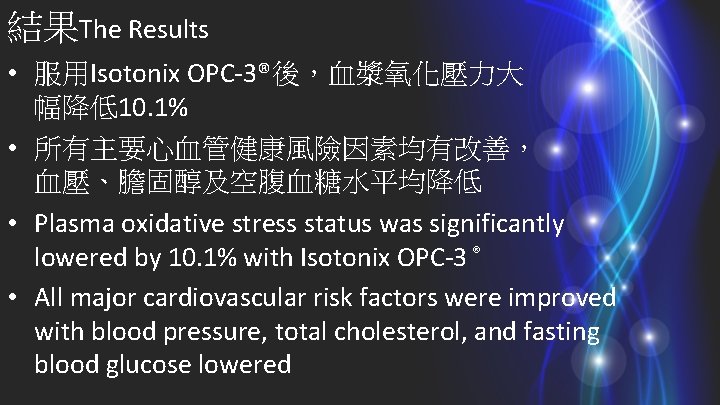 結果The Results • 服用Isotonix OPC-3®後，血漿氧化壓力大 幅降低10. 1% • 所有主要心血管健康風險因素均有改善， 血壓、膽固醇及空腹血糖水平均降低 • Plasma oxidative stress