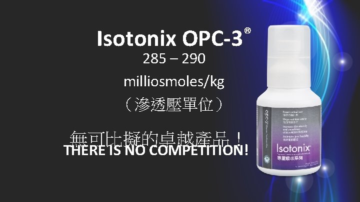 Isotonix OPC-3® 285 – 290 milliosmoles/kg （滲透壓單位）　 無可比擬的卓越產品！ THERE IS NO COMPETITION! 