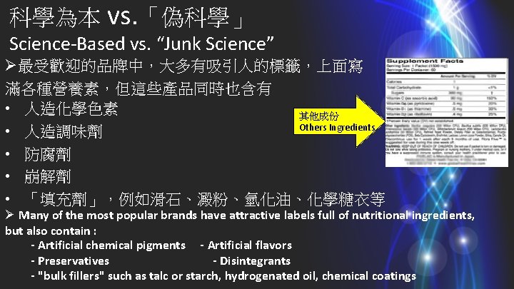 科學為本 vs. 「偽科學」 Science-Based vs. “Junk Science” Ø最受歡迎的品牌中，大多有吸引人的標籤，上面寫 滿各種營養素，但這些產品同時也含有 • 人造化學色素 其他成份 Others Ingredients