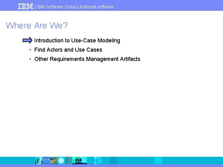 IBM Software Group | Rational software Where Are We? § Introduction to Use-Case Modeling