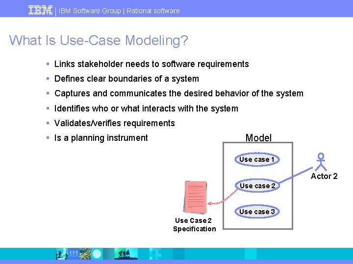 IBM Software Group | Rational software What Is Use-Case Modeling? § Links stakeholder needs