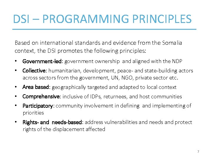 DSI – PROGRAMMING PRINCIPLES Based on international standards and evidence from the Somalia context,