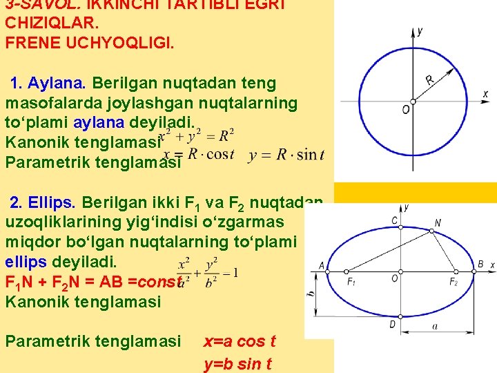 3 -SAVOL. IKKINCHI TARTIBLI EGRI CHIZIQLAR. FRЕNE UCHYOQLIGI. 1. Aylana. Berilgan nuqtadan teng masofalarda