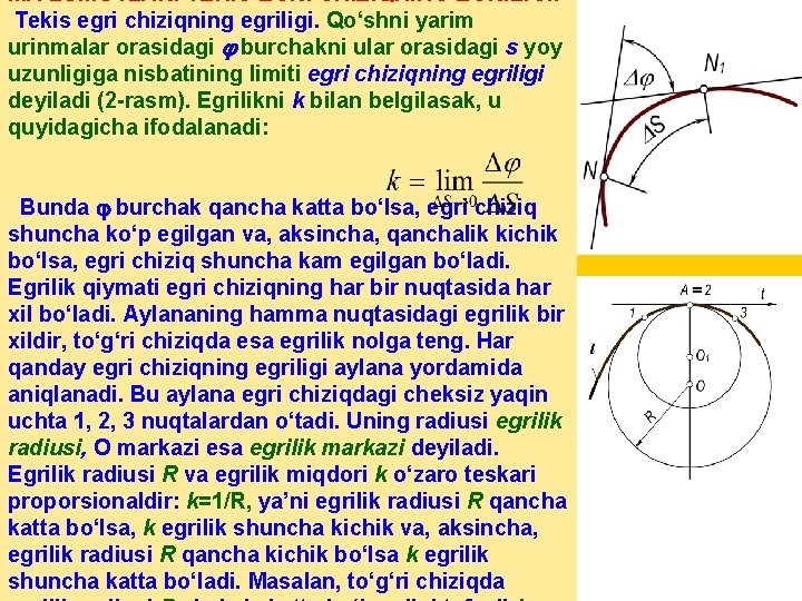 MA’LUMOTLAR. TEKIS EGRI CHIZIQNING EGRILIGI. Tekis egri chiziqning egriligi. Qo‘shni yarim urinmalar orasidagi burchakni