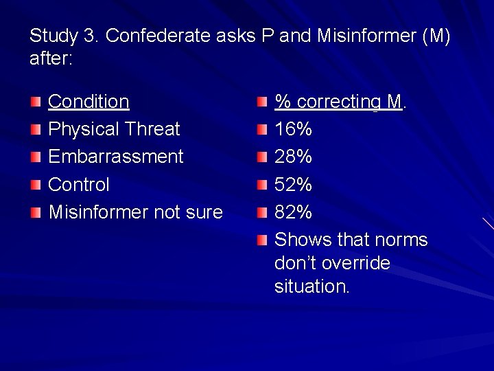 Study 3. Confederate asks P and Misinformer (M) after: Condition Physical Threat Embarrassment Control