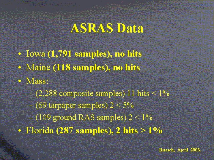 ASRAS Data • Iowa (1, 791 samples), no hits • Maine (118 samples), no
