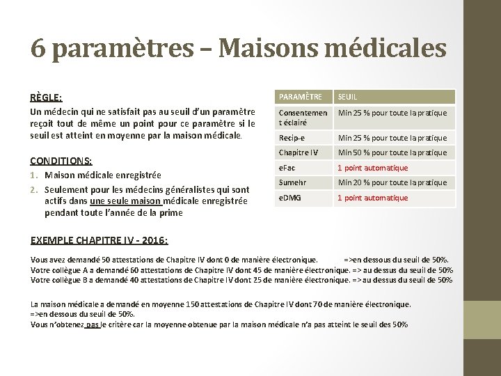 6 paramètres – Maisons médicales RÈGLE: PARAMÈTRE SEUIL Un médecin qui ne satisfait pas