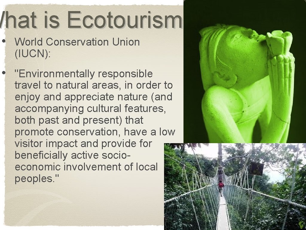 What is Ecotourism? • World Conservation Union (IUCN): • "Environmentally responsible travel to natural