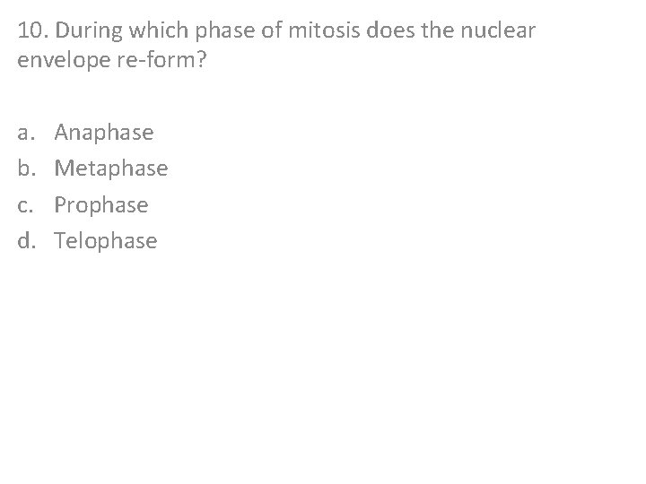 10. During which phase of mitosis does the nuclear envelope re-form? a. b. c.