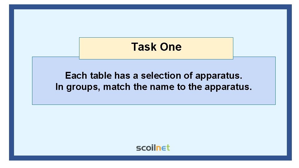 Task One Each table has a selection of apparatus. In groups, match the name