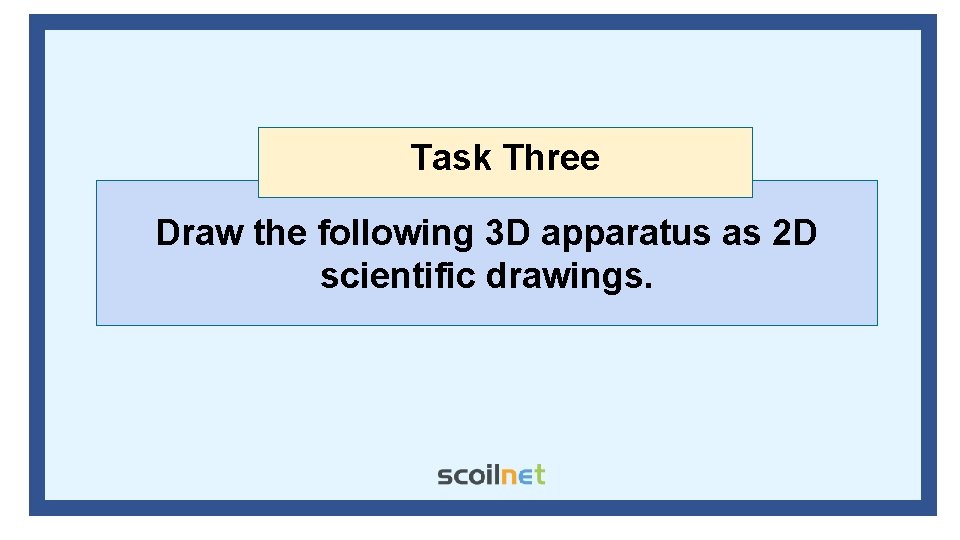 Task Three Draw the following 3 D apparatus as 2 D scientific drawings. Task Three Draw the following 3 D apparatus as 2 D scientific drawings.