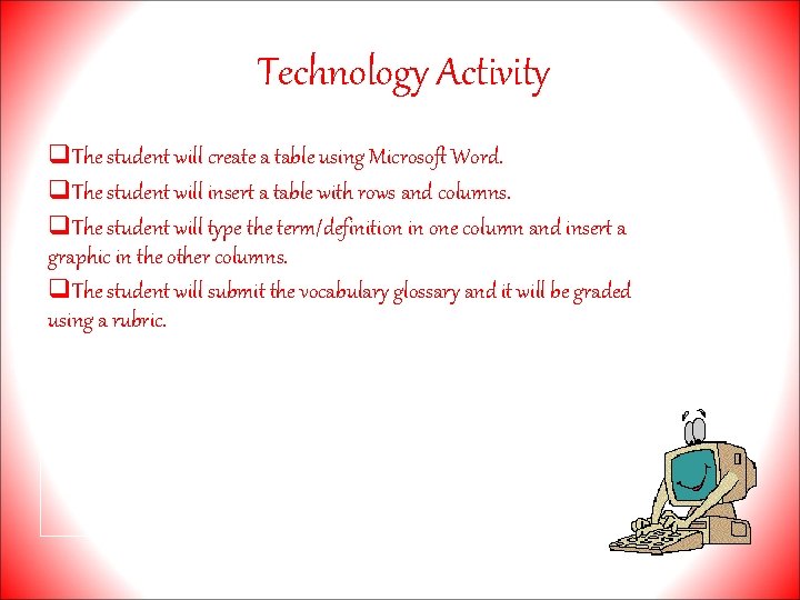  Technology Activity q. The student will create a table using Microsoft Word. q.