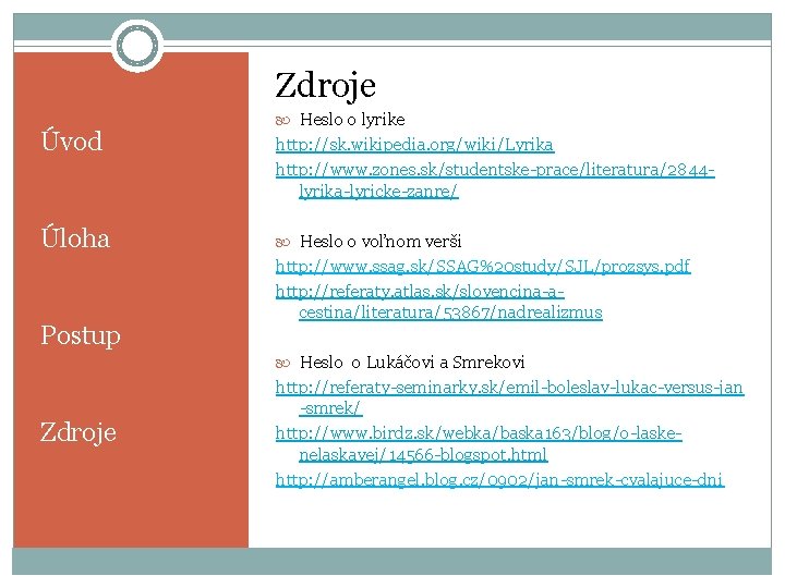 Zdroje Úvod Úloha Postup Heslo o lyrike http: //sk. wikipedia. org/wiki/Lyrika http: //www. zones.