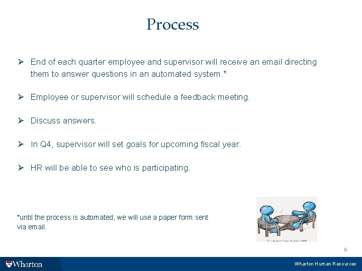 Process Ø End of each quarter employee and supervisor will receive an email directing