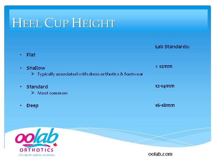 HEEL CUP HEIGHT Lab Standards: • Flat • Shallow < 12 mm • Standard